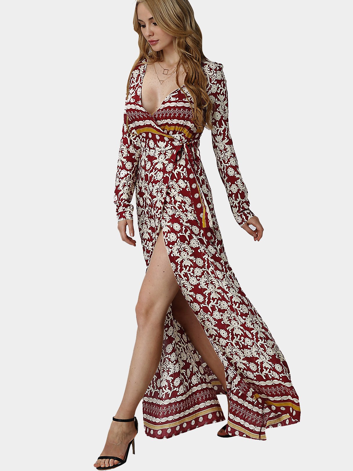 Wholesale V-Neck Floral Print Long Sleeve Slit Hem Maxi Dress