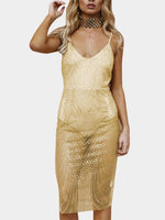 Wholesale Deep V Neck Sheer Zip Back Backless Sequins Embellished Sleeveless Gold Dresses