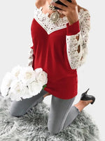 Wholesale V-Neck Lace Hollow Long Sleeve Red T-Shirts