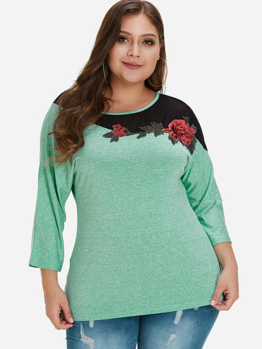 Wholesale Round Neck Embroidered 3/4 Sleeve Green Plus Size Tops