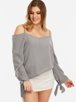 Wholesale Cold Shoulder Plain Cut Out Long Sleeve Grey Plus Size Tops