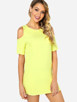 Wholesale Yellow Round Neck Cold Shoulder Short Sleeve Plain Mini Dresses