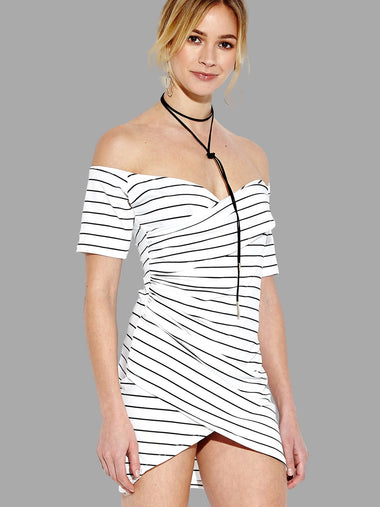 Wholesale Off The Shoulder Short Sleeve Stripe Wrap Mini Dresses
