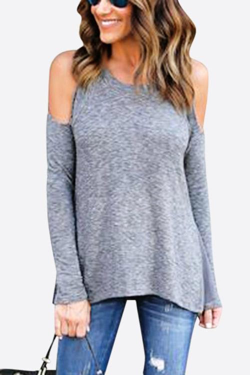 Wholesale Round Neck Cold Shoulder Long Sleeve Grey Tee