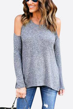 Wholesale Round Neck Cold Shoulder Long Sleeve Grey Tee