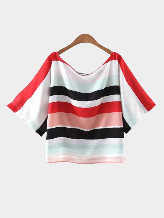 Wholesale Stripe Short Sleeve Slit Hem T-Shirts