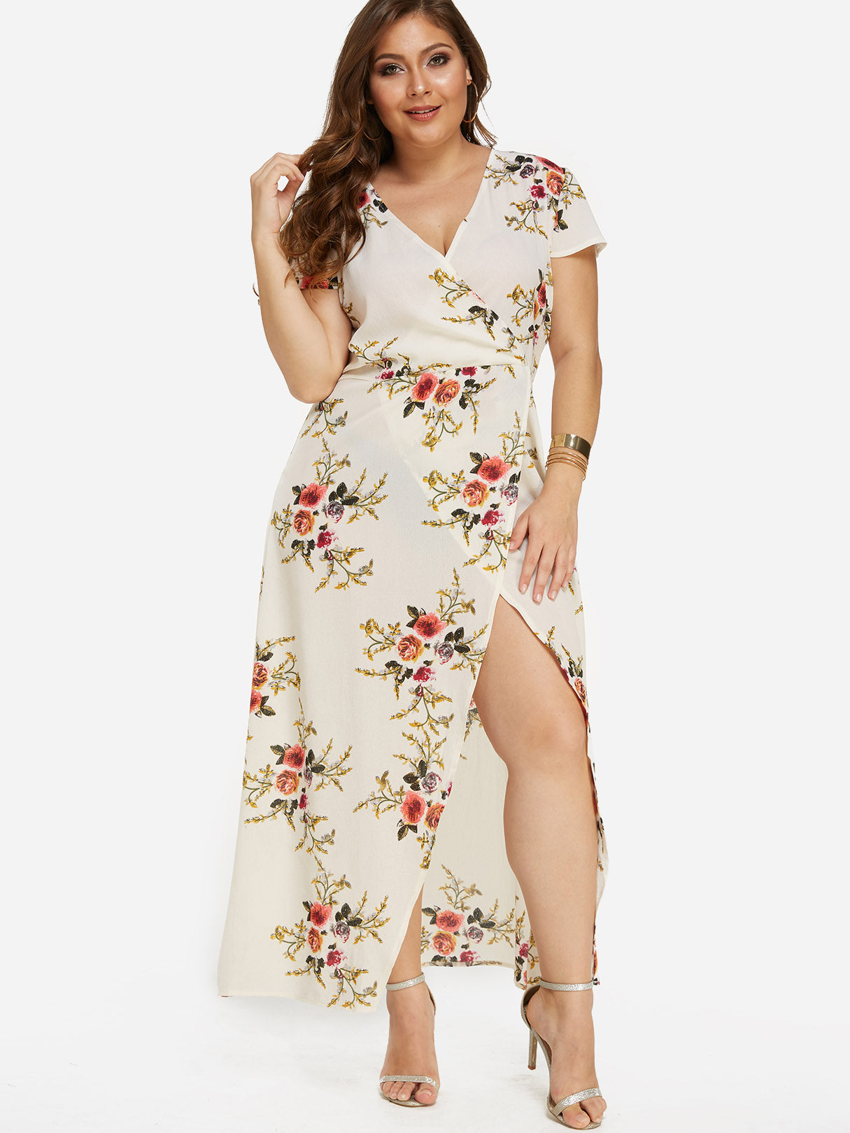 Wholesale V-Neck Floral Print Short Sleeve Slit Hem Plus Size Maxi Dresses
