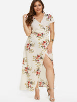 Wholesale V-Neck Floral Print Short Sleeve Slit Hem Plus Size Maxi Dresses