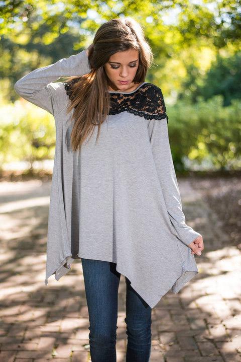 Wholesale Lace Insert Yoke Asymmetric Slouchy Jersey Top