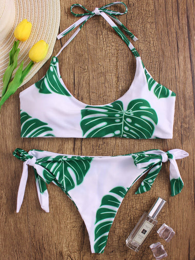 Wholesale White Halter Sleeveless Printed Two Piece Bikinis