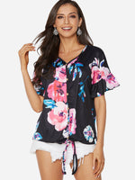 Wholesale V-Neck Floral Print Short Sleeve T-Shirts