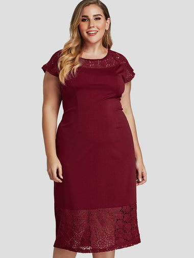 Wholesale Round Neck Lace Short Sleeve Bodycon Hem Plus Size Dress