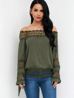 Wholesale Off The Shoulder Plain Hollow Long Sleeve Stitching Hem Army Green Blouses