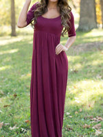 Wholesale Burgundy Round Neck Half Sleeve Plain High-Waisted Sexy Dress