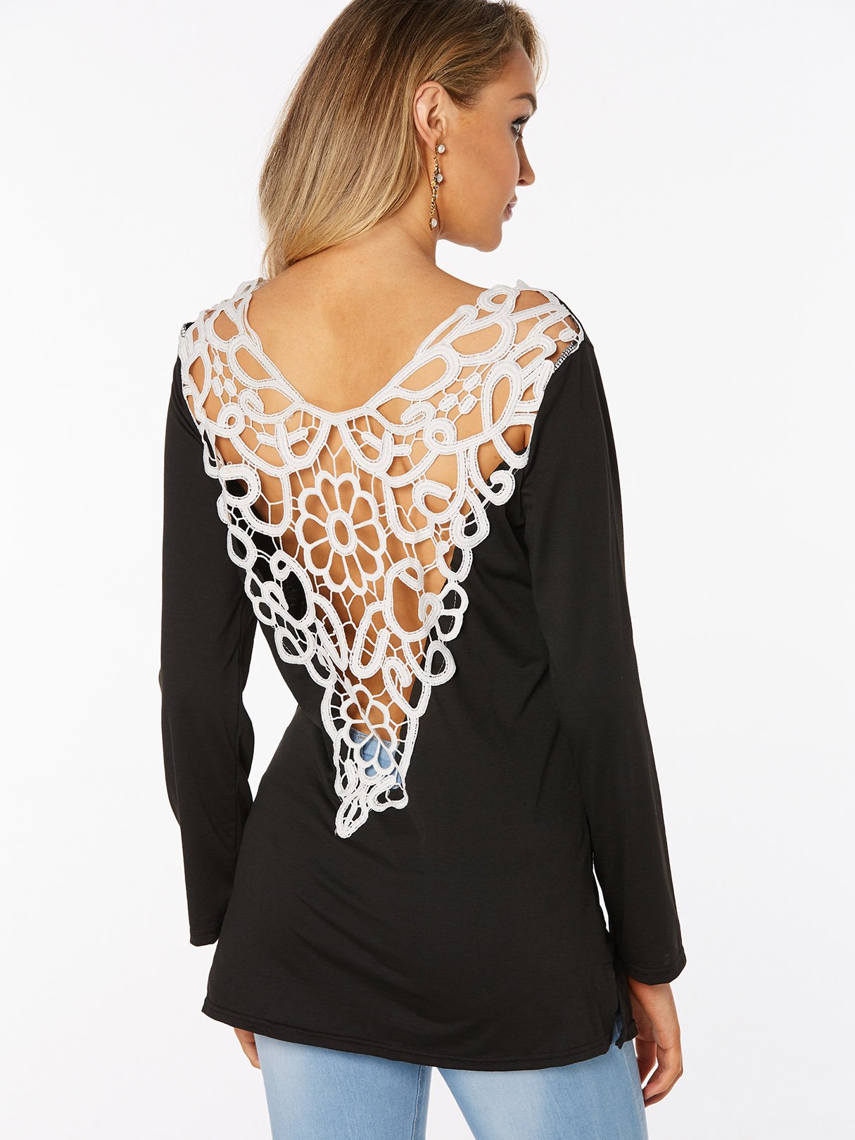 Wholesale Crew Neck Grid Lace Hollow Slit Long Sleeve T-Shirts