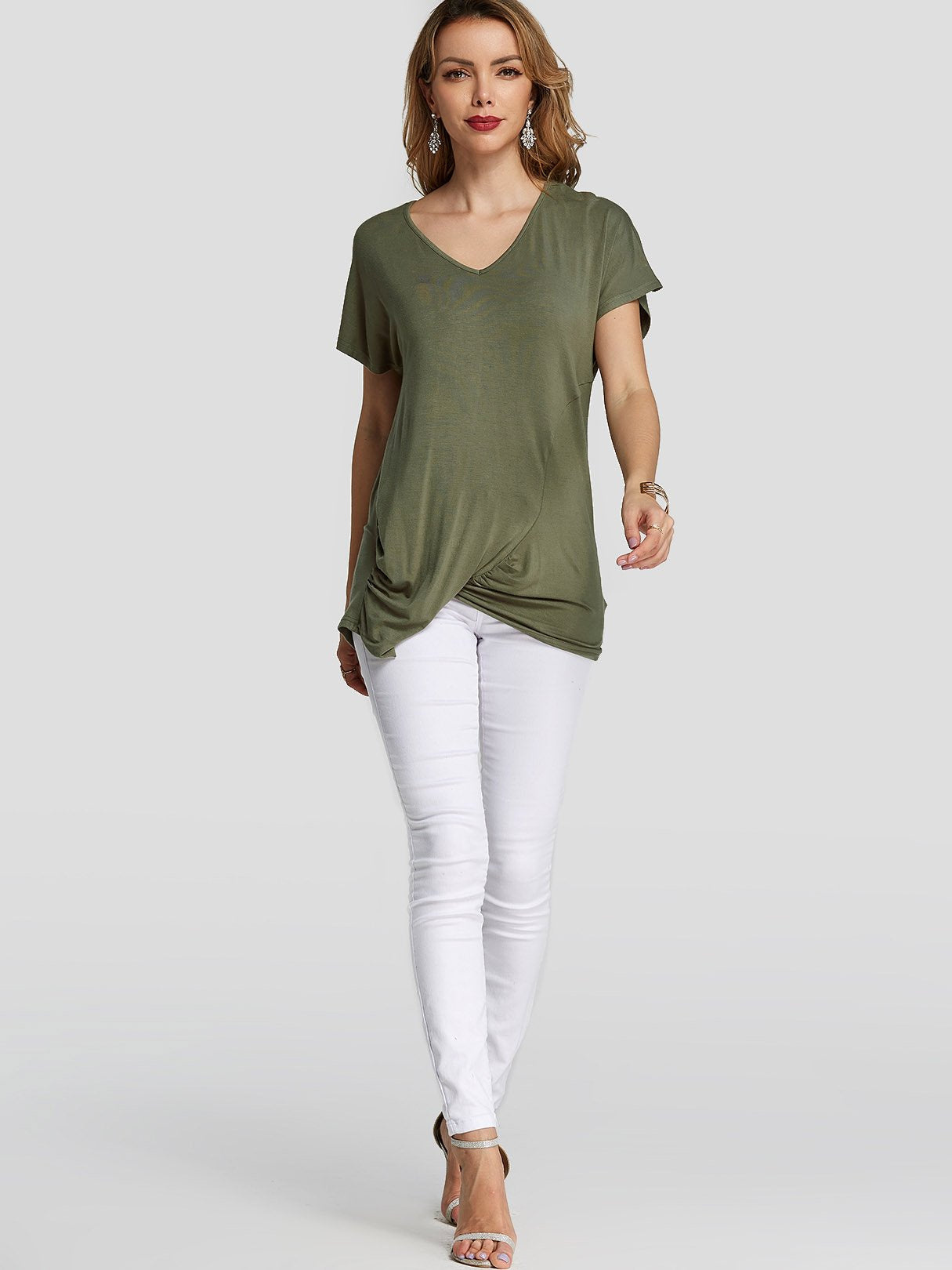 NEW FEELING Womens Army Green T-Shirts