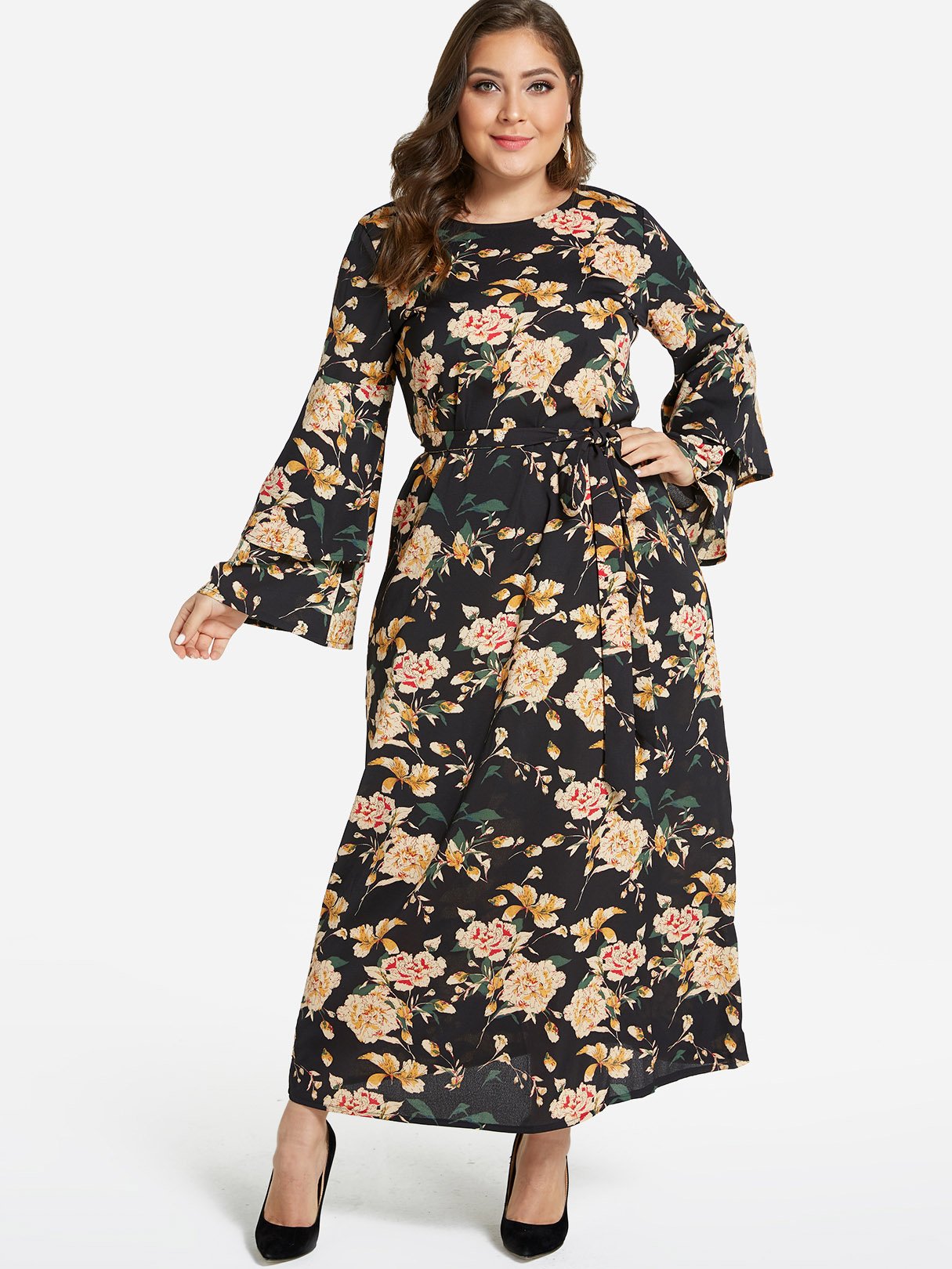 Wholesale Round Neck Floral Print Tiered Self-Tie Long Sleeve Flounced Hem Plus Size Dress