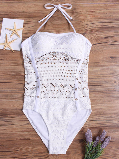 Wholesale Halter Sleeveless Plain Lace See Through One-Pieces Swimwear
