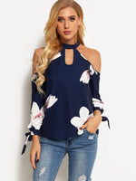 Wholesale Halter Cold Shoulder Floral Print Hollow Self-Tie Long Sleeve Navy Blouses