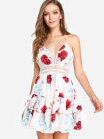 Wholesale White Halter Sleeveless Floral Print Lace Tiered Backless Cut Out Flounced Hem Dresses
