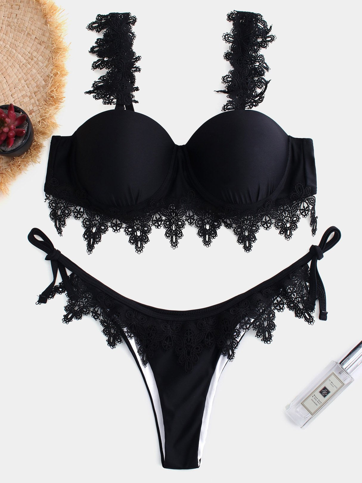 Wholesale Plain Self-Tie Sleeveless Black Bikini Set