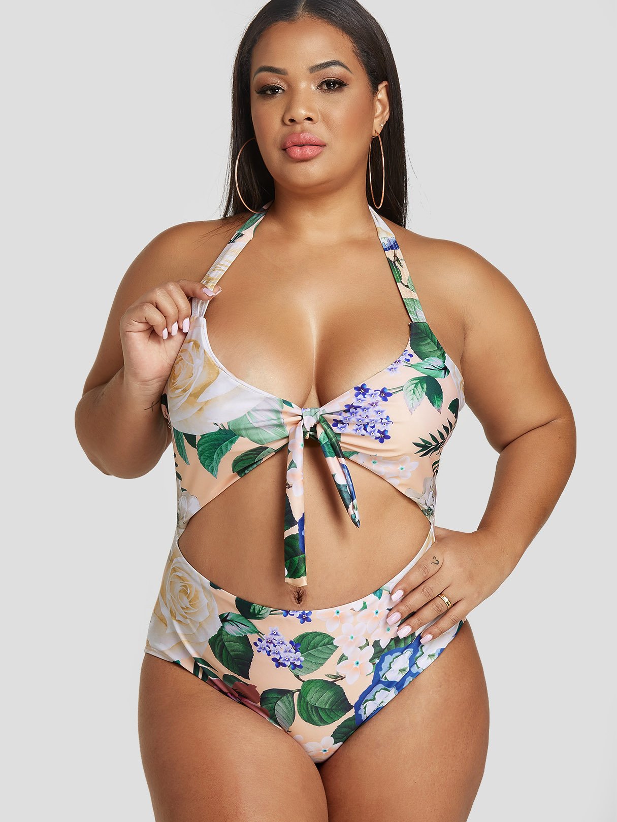 Wholesale Halter Floral Print Backless Cut Out Self-Tie Sleeveless Plus Size Swimwear