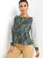 Wholesale Round Neck One Shoulder Stripe Camouflage Long Sleeve Green T-Shirts