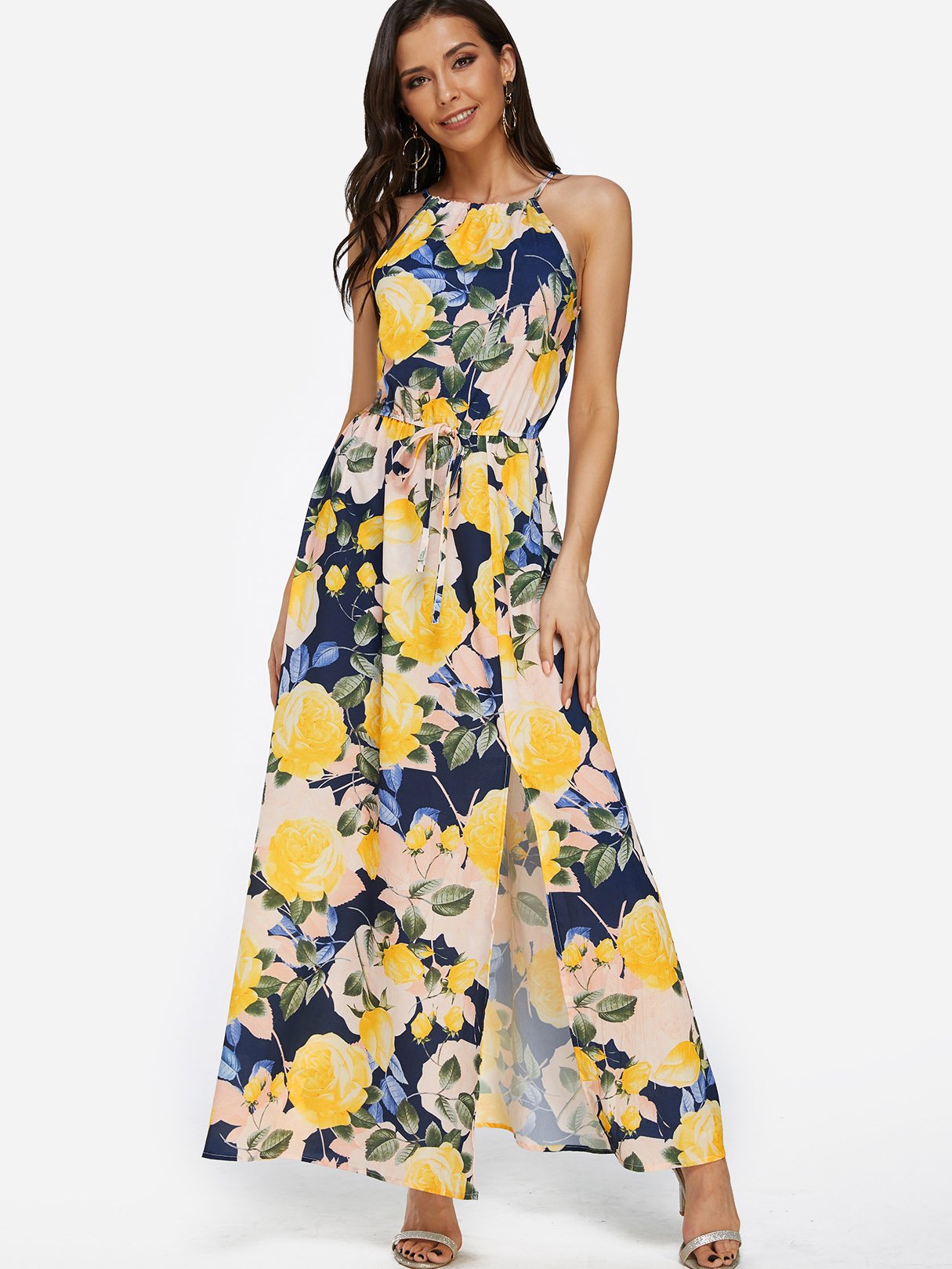 Wholesale Yellow Halter Sleeveless Floral Print Slit Self-Tie Maxi Dress