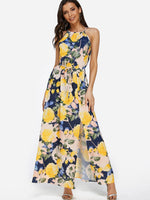 Wholesale Yellow Halter Sleeveless Floral Print Slit Self-Tie Maxi Dress