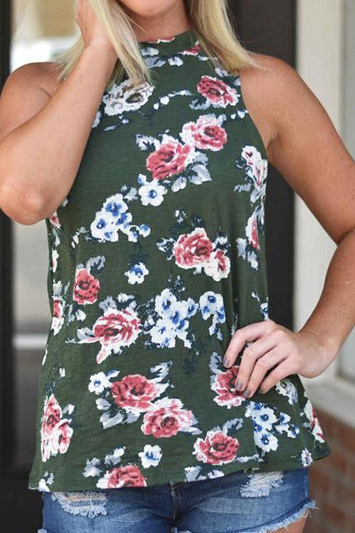 Wholesale Crew Neck Floral Print Sleeveless Tank Top