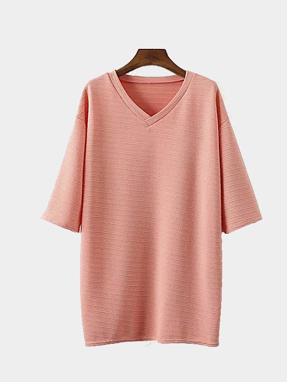 Wholesale V-Neck Half Sleeve Slit Hem Pink T-Shirts