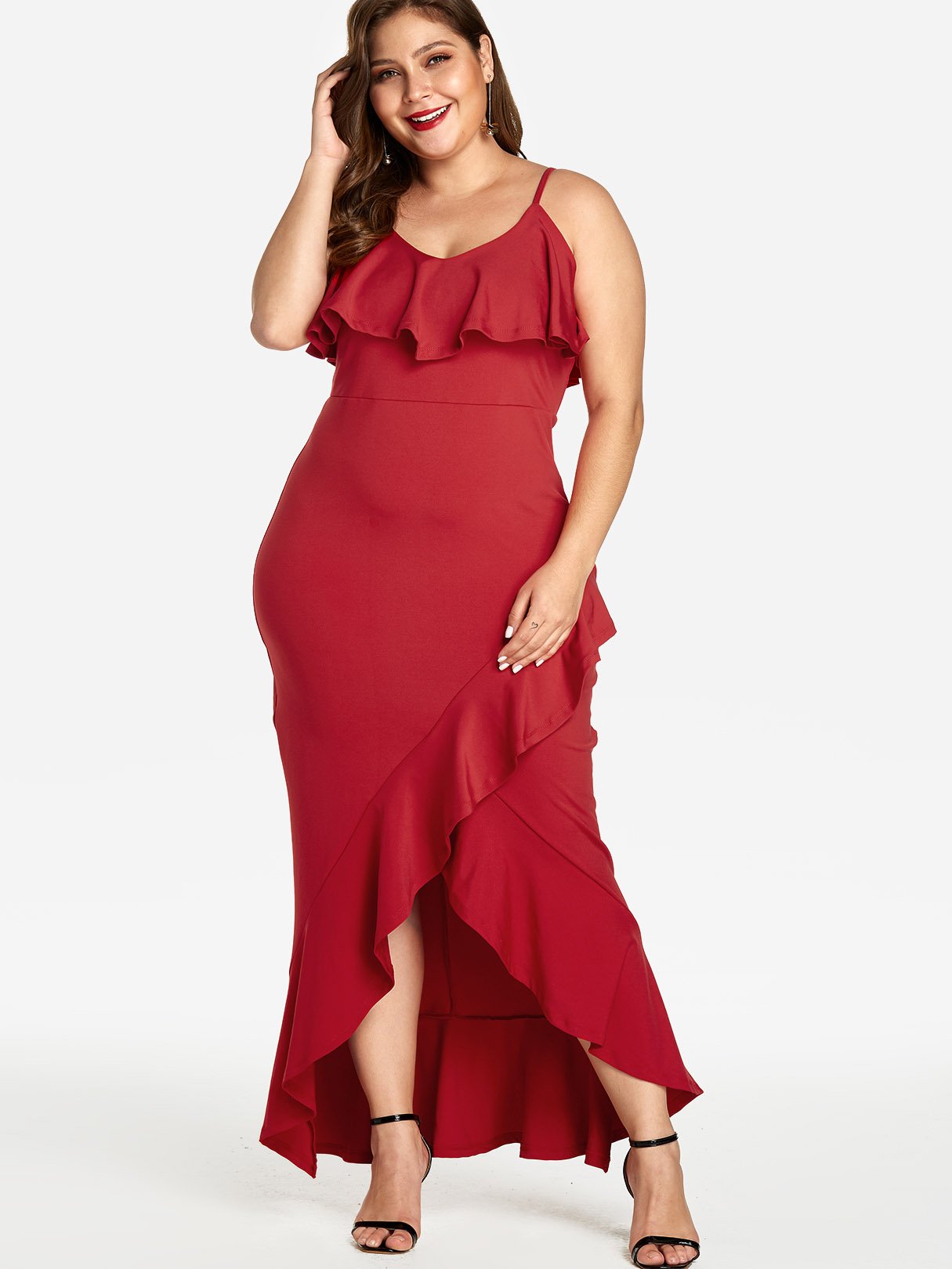 Wholesale Plain Tiered Ruffle Trim Sleeveless Red Plus Size Dress