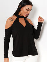 Wholesale Halter Cold Shoulder Plain Backless Cut Out Long Sleeve Black T-Shirts