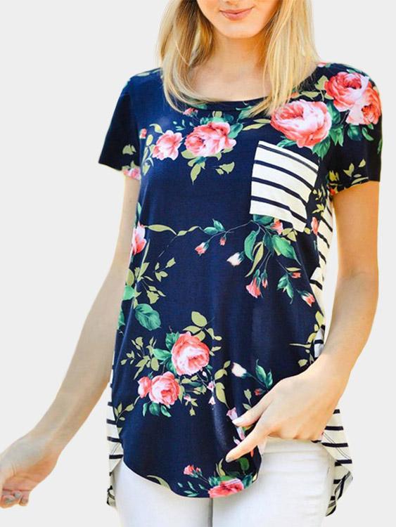 Wholesale Round Neck Stripe Printed Short Sleeve Navy T-Shirts
