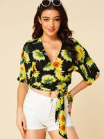 Wholesale V-Neck Floral Print Self-Tie Short Sleeve Black Blouses