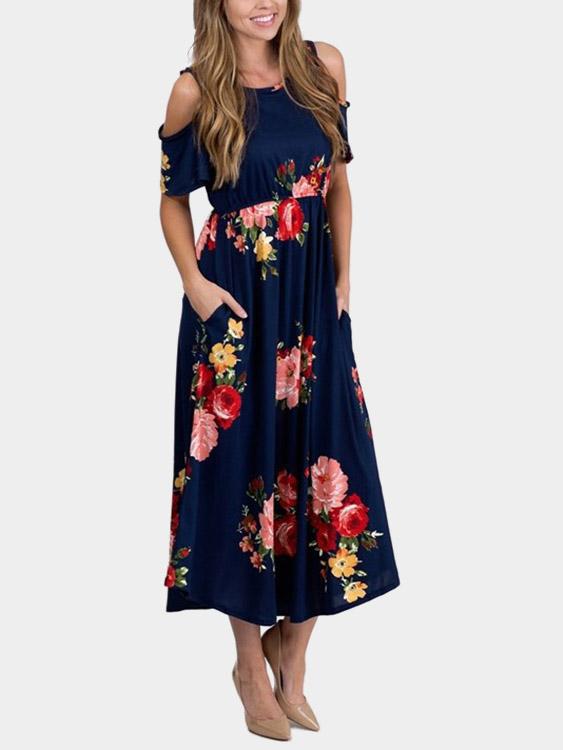 Wholesale Navy Cold Shoulder Short Sleeve Floral Print Side Pockets Maxi Dress