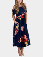 Wholesale Navy Cold Shoulder Short Sleeve Floral Print Side Pockets Maxi Dress