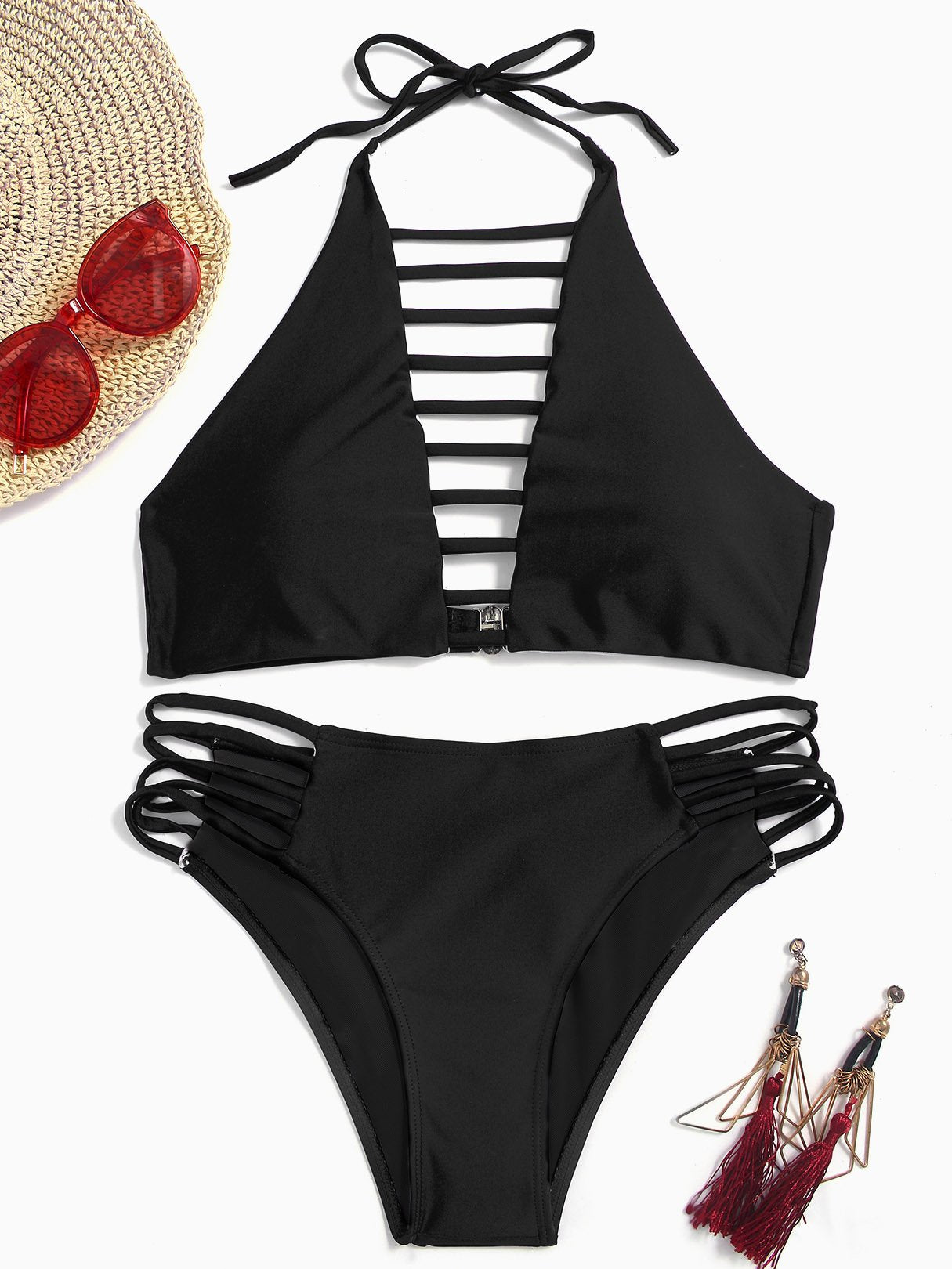 Wholesale V-Neck Plain Cut Out Two Piece Bikinis