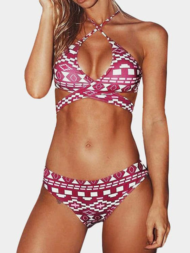 Wholesale V-Neck Sleeveless Geometrical Backless Lace-Up Two Piece Bikinis