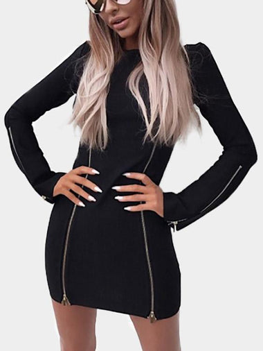 Wholesale Black Crew Neck Long Sleeve Plain Zip Back Mini Dress