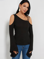 Wholesale Cold Shoulder Plain Long Sleeve Black Fashion Tee