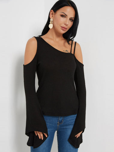 Wholesale Cold Shoulder Plain Long Sleeve Black Fashion Tee