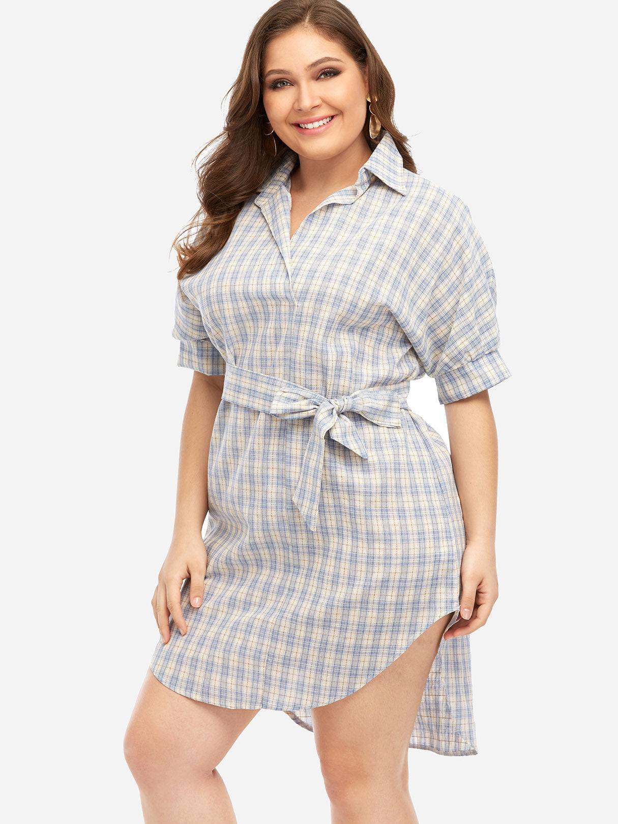 Wholesale Lapel Collar Grid Self-Tie Half Sleeve Curved Hem Plus Size Dresses