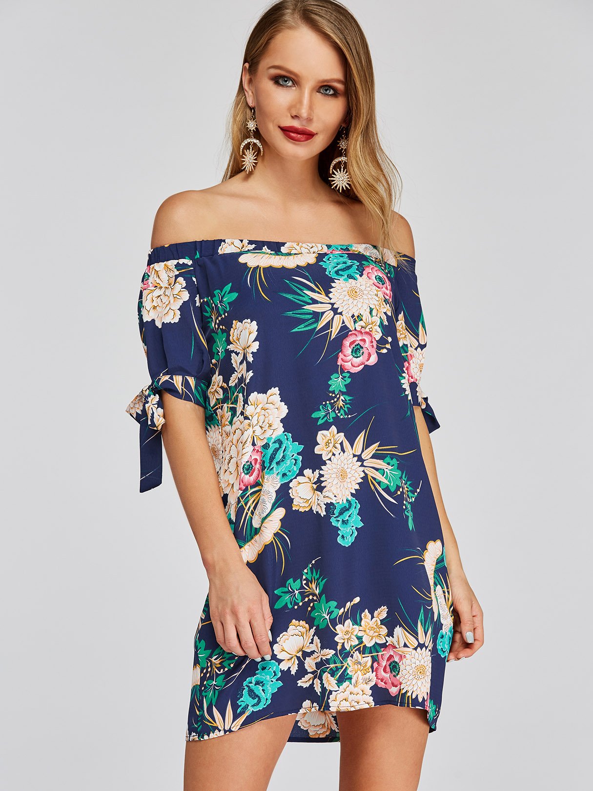 Wholesale Off The Shoulder Half Sleeve Floral Print Dress
