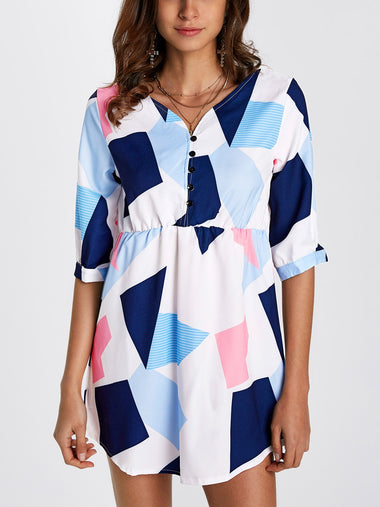 Wholesale V-Neck 3/4 Length Sleeve Geometrical Curved Hem High-Waisted Mini Dresses