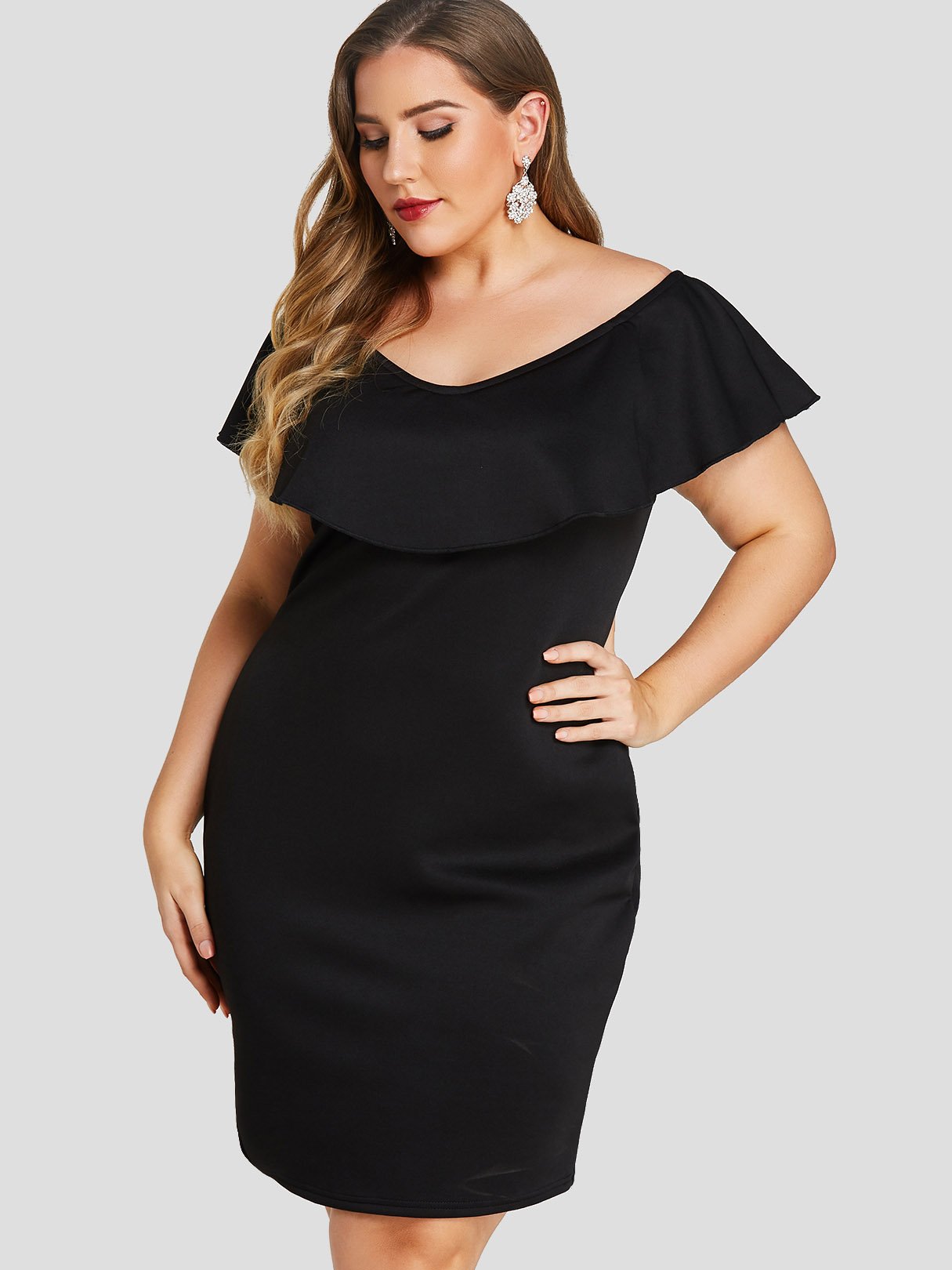 Wholesale Bateau Plain Double Layer Short Sleeve Plus Size Dress
