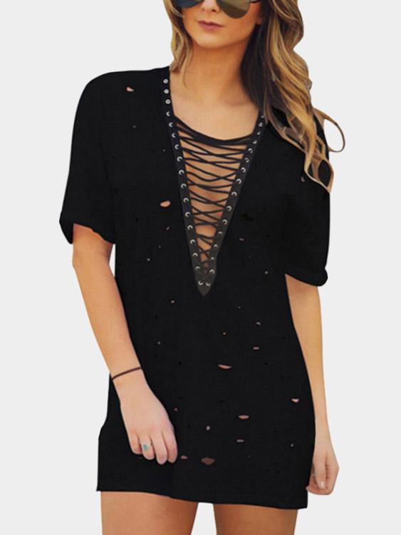 Wholesale Black V-Neck Short Sleeve Hollow Lace-Up Dresses