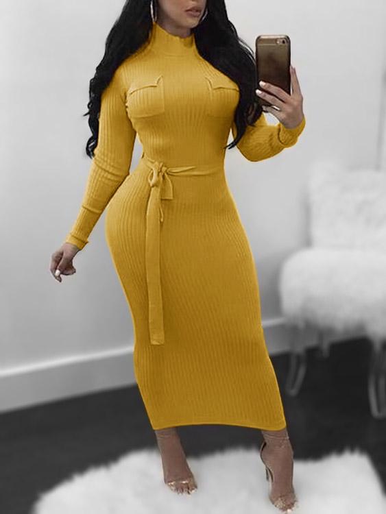 Wholesale Yellow Perkins Collar Long Sleeve Plain Dresses