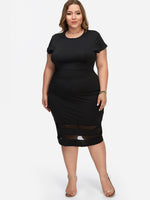 Wholesale Crew Neck Plain Short Sleeve Curved Hem Black Plus Size Dresses
