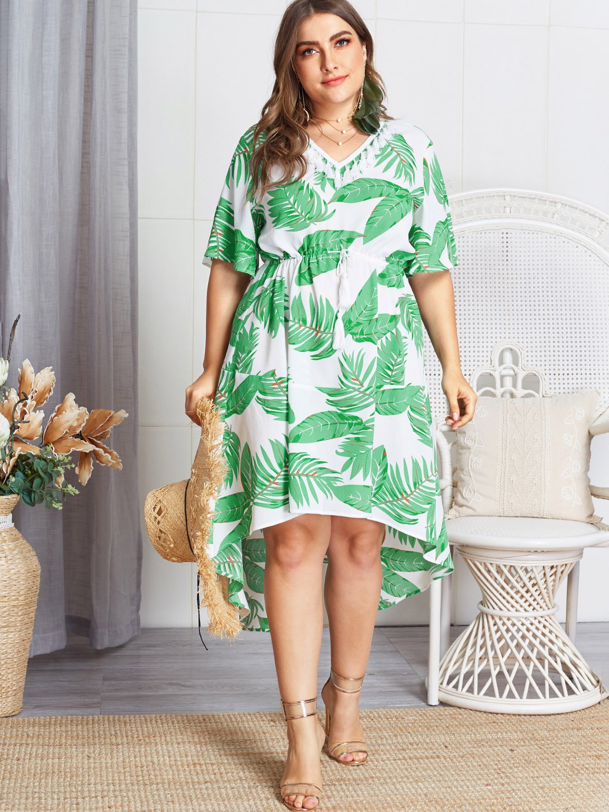 Wholesale V-Neck Half Sleeve High-Low Hem Green Plus Size Dress